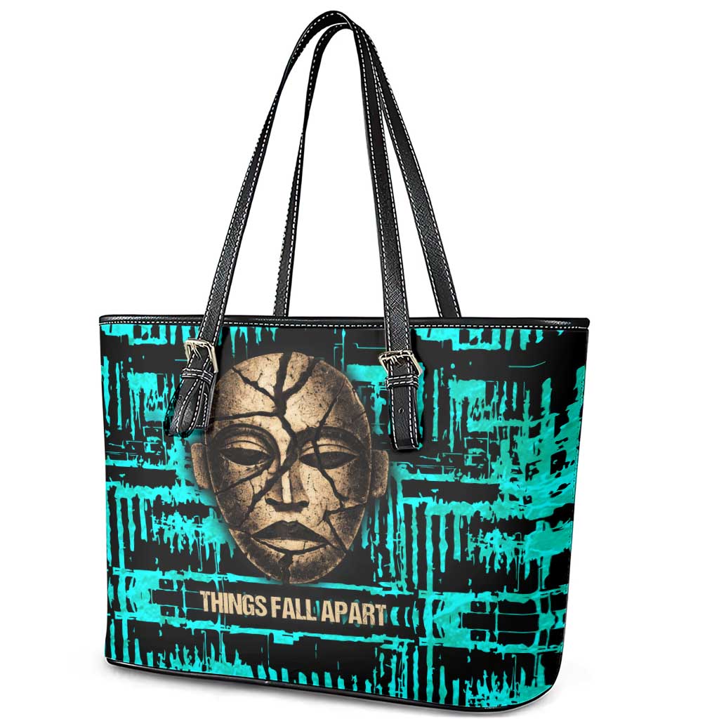 Chinua Achebe Leather Tote Bag with Tribal Mask Design, Things Fall Apart Quote and Teal Abstract - Wonder Print Shop
