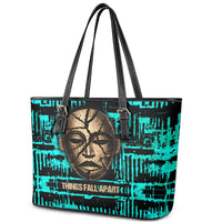 Chinua Achebe Leather Tote Bag with Tribal Mask Design, Things Fall Apart Quote and Teal Abstract - Wonder Print Shop