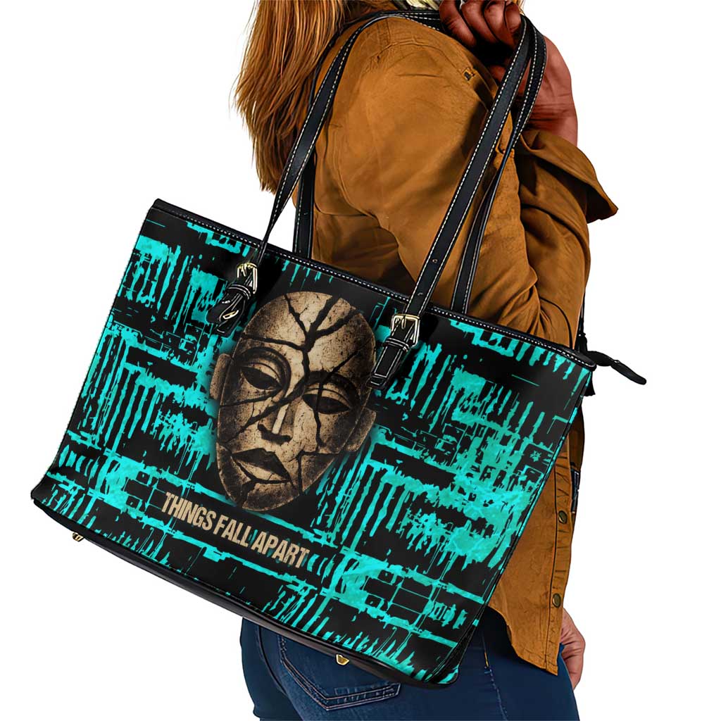 Chinua Achebe Leather Tote Bag with Tribal Mask Design, Things Fall Apart Quote and Teal Abstract - Wonder Print Shop