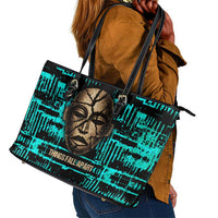 Chinua Achebe Leather Tote Bag with Tribal Mask Design, Things Fall Apart Quote and Teal Abstract - Wonder Print Shop