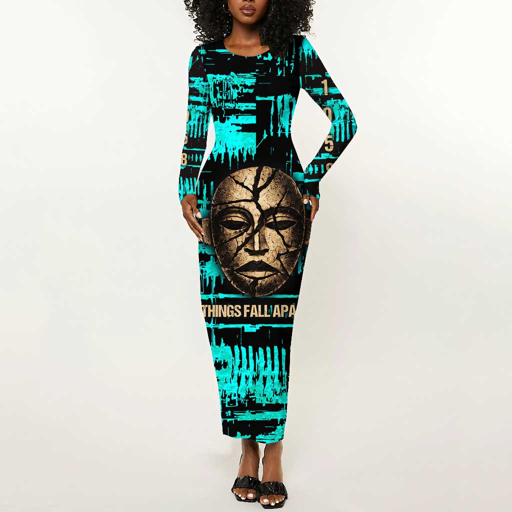 Chinua Achebe Long Sleeve Bodycon Dress with Tribal Mask Design, Things Fall Apart Quote and Teal Abstract - Wonder Print Shop