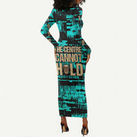 Chinua Achebe Long Sleeve Bodycon Dress with Tribal Mask Design, Things Fall Apart Quote and Teal Abstract - Wonder Print Shop
