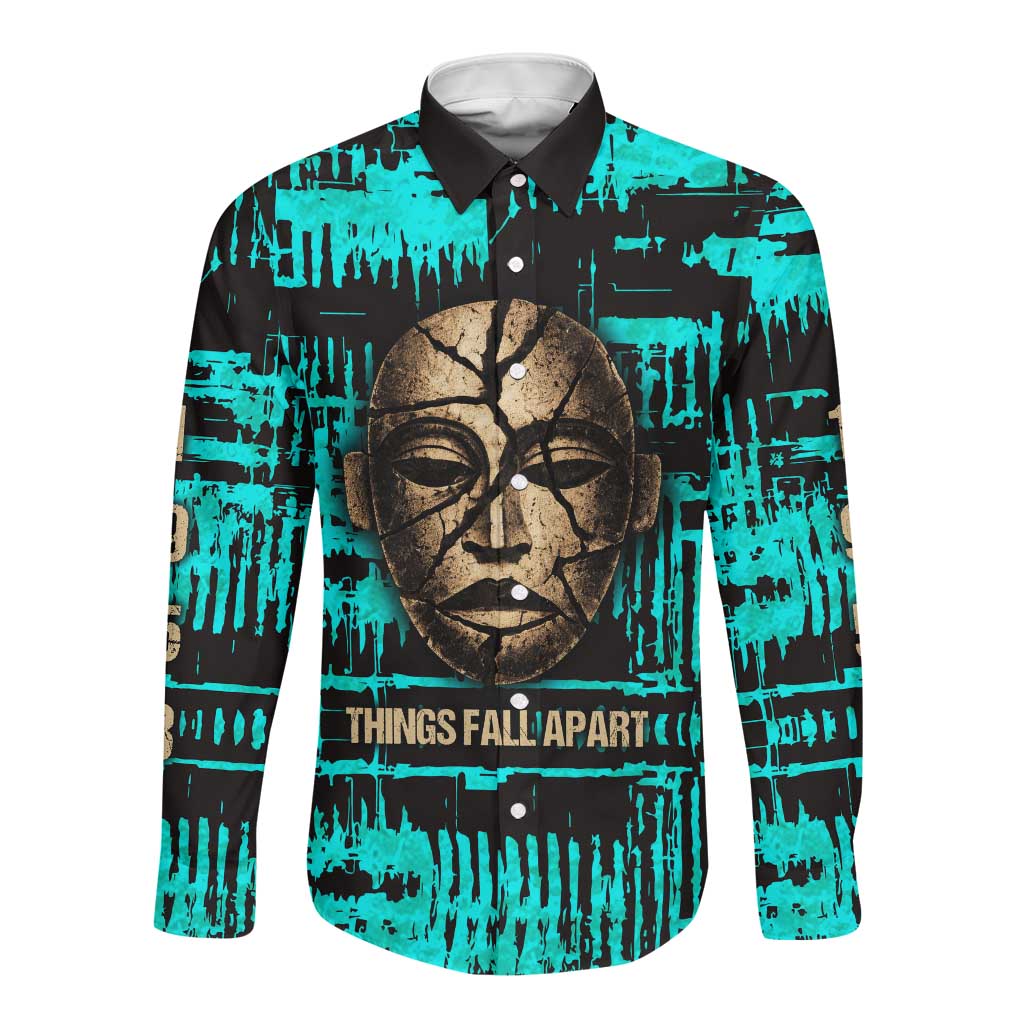 Chinua Achebe Long Sleeve Button Shirt with Tribal Mask Design, Things Fall Apart Quote and Teal Abstract - Wonder Print Shop