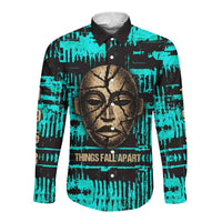 Chinua Achebe Long Sleeve Button Shirt with Tribal Mask Design, Things Fall Apart Quote and Teal Abstract - Wonder Print Shop