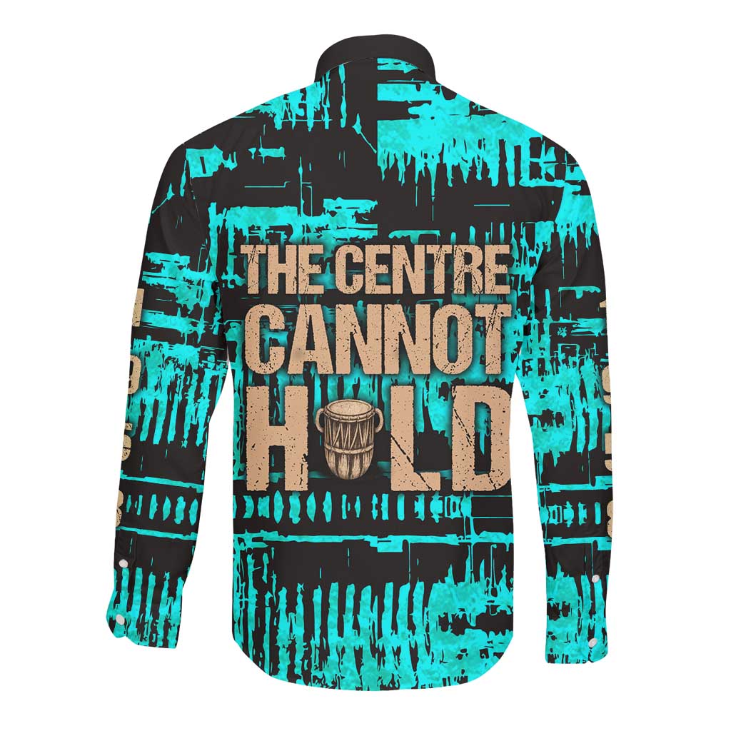 Chinua Achebe Long Sleeve Button Shirt with Tribal Mask Design, Things Fall Apart Quote and Teal Abstract - Wonder Print Shop
