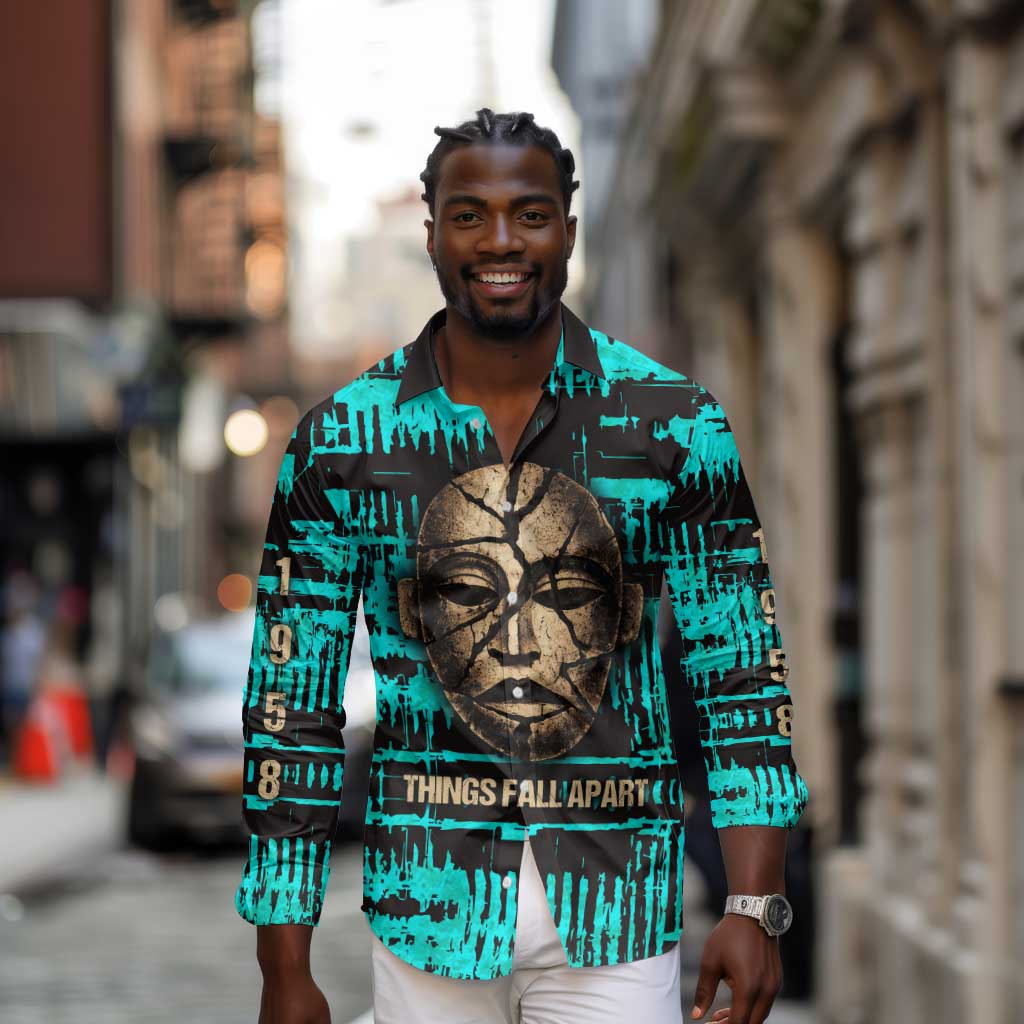 Chinua Achebe Long Sleeve Button Shirt with Tribal Mask Design, Things Fall Apart Quote and Teal Abstract - Wonder Print Shop