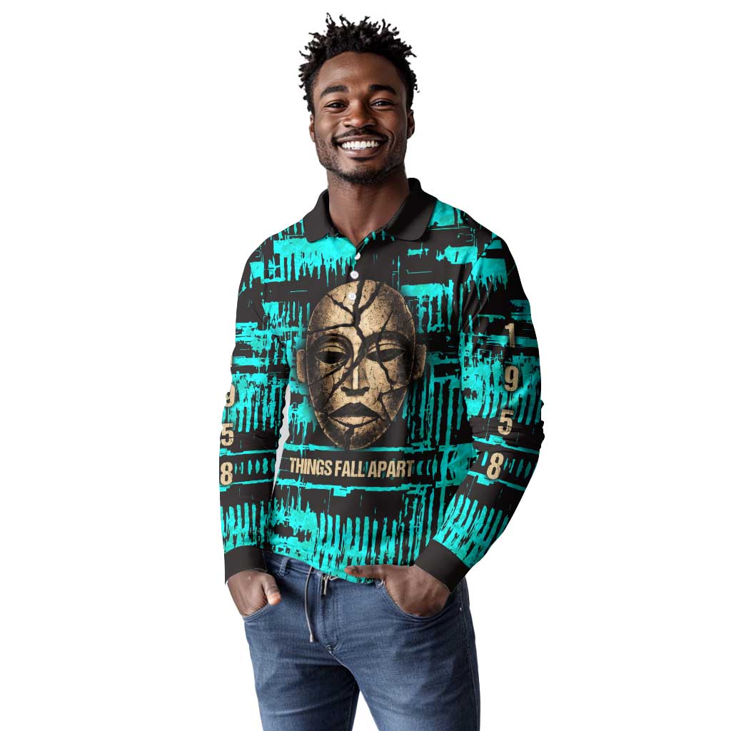 Chinua Achebe Long Sleeve Polo Shirt with Tribal Mask Design, Things Fall Apart Quote and Teal Abstract - Wonder Print Shop