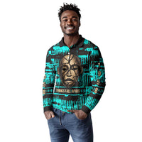 Chinua Achebe Long Sleeve Polo Shirt with Tribal Mask Design, Things Fall Apart Quote and Teal Abstract - Wonder Print Shop