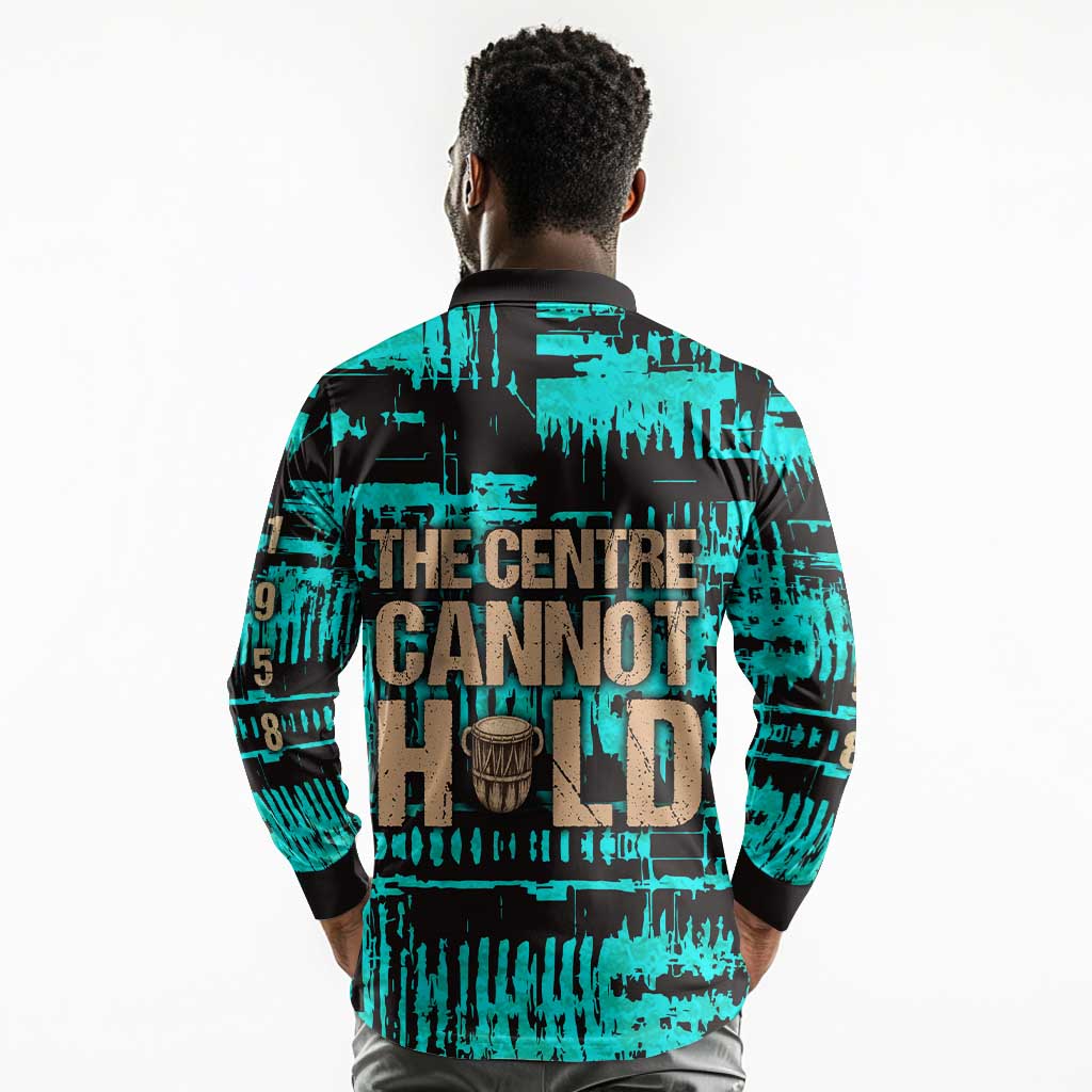 Chinua Achebe Long Sleeve Polo Shirt with Tribal Mask Design, Things Fall Apart Quote and Teal Abstract - Wonder Print Shop