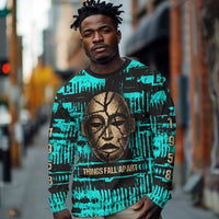 Chinua Achebe Long Sleeve Shirt with Tribal Mask Design, Things Fall Apart Quote and Teal Abstract - Wonder Print Shop