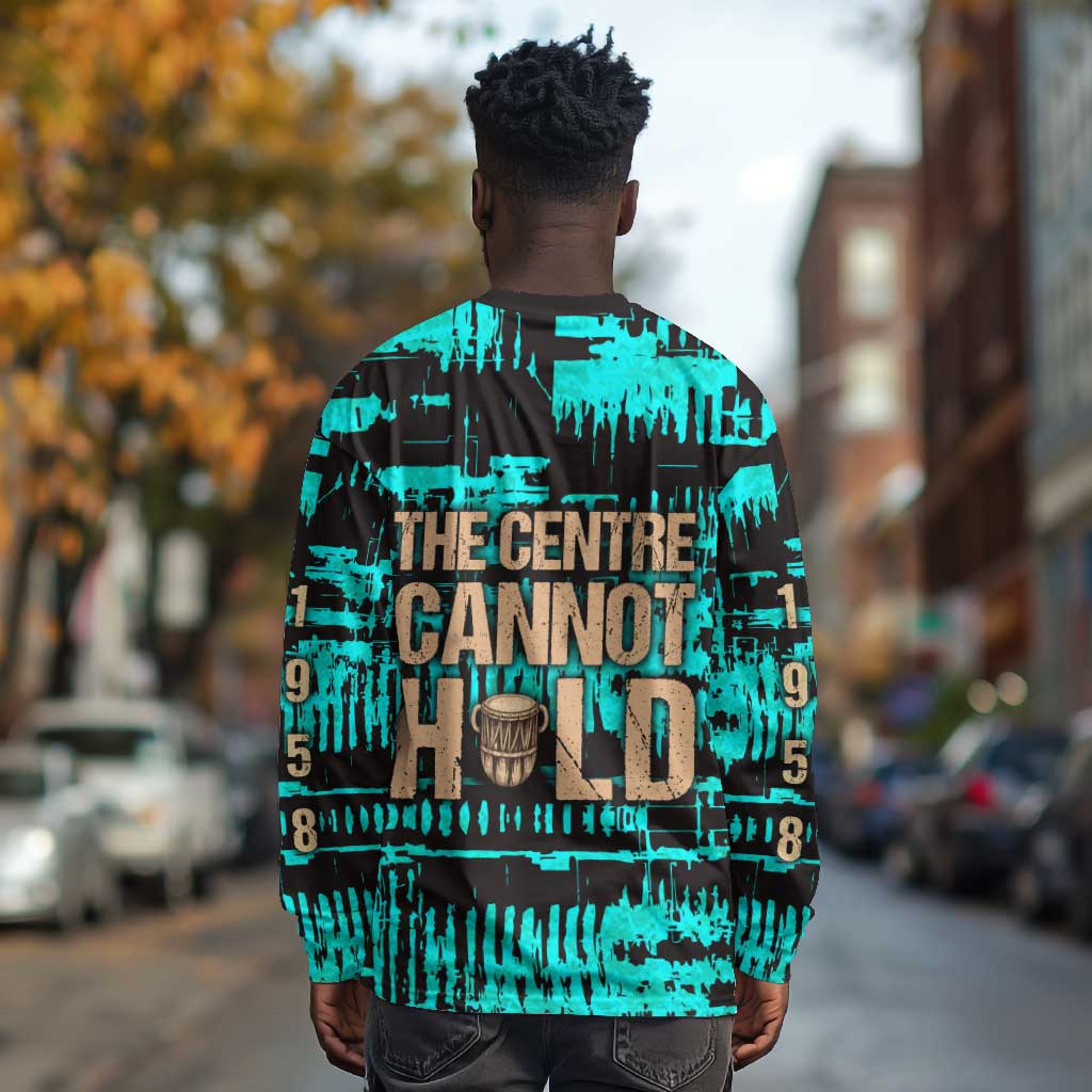 Chinua Achebe Long Sleeve Shirt with Tribal Mask Design, Things Fall Apart Quote and Teal Abstract - Wonder Print Shop