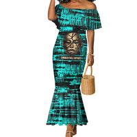Chinua Achebe Mermaid Dress with Tribal Mask Design, Things Fall Apart Quote and Teal Abstract - Wonder Print Shop