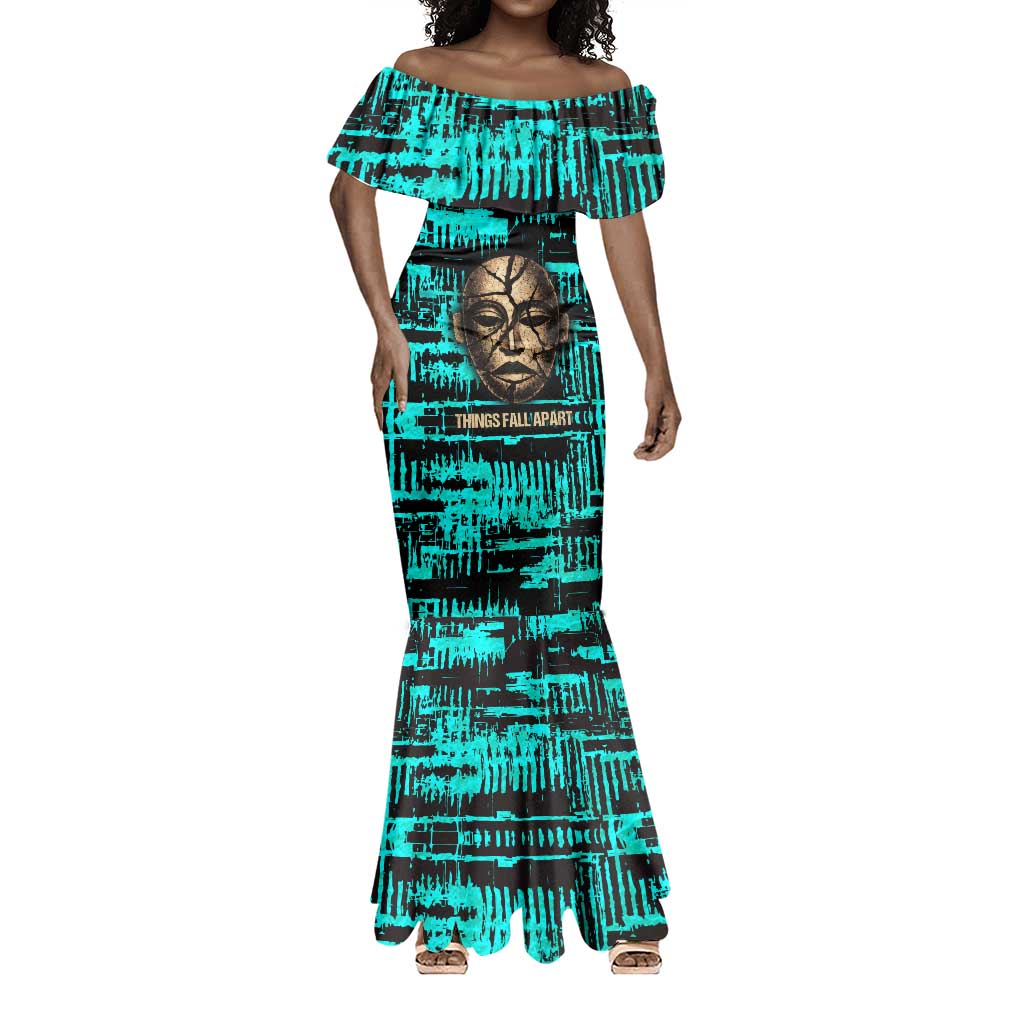 Chinua Achebe Mermaid Dress with Tribal Mask Design, Things Fall Apart Quote and Teal Abstract - Wonder Print Shop