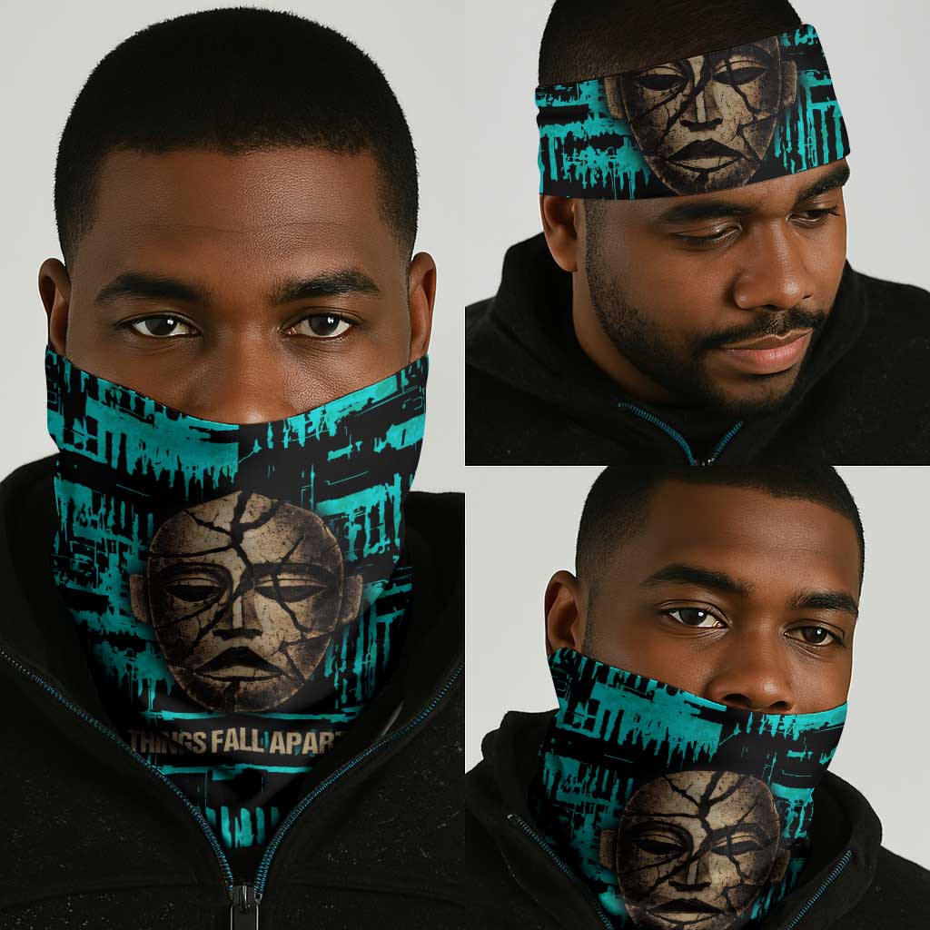 Chinua Achebe Neck Gaiter with Tribal Mask Design, Things Fall Apart Quote and Teal Abstract - Wonder Print Shop