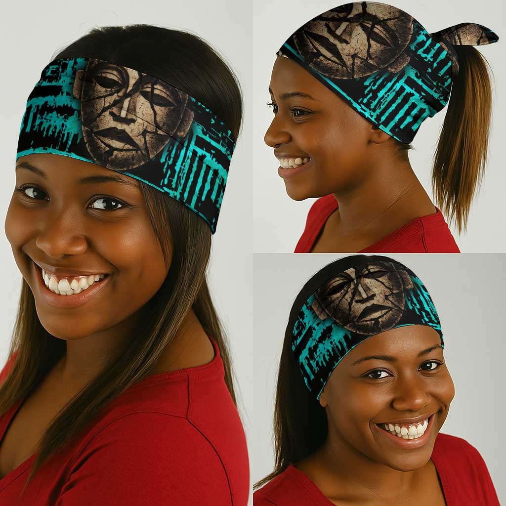 Chinua Achebe Neck Gaiter with Tribal Mask Design, Things Fall Apart Quote and Teal Abstract - Wonder Print Shop