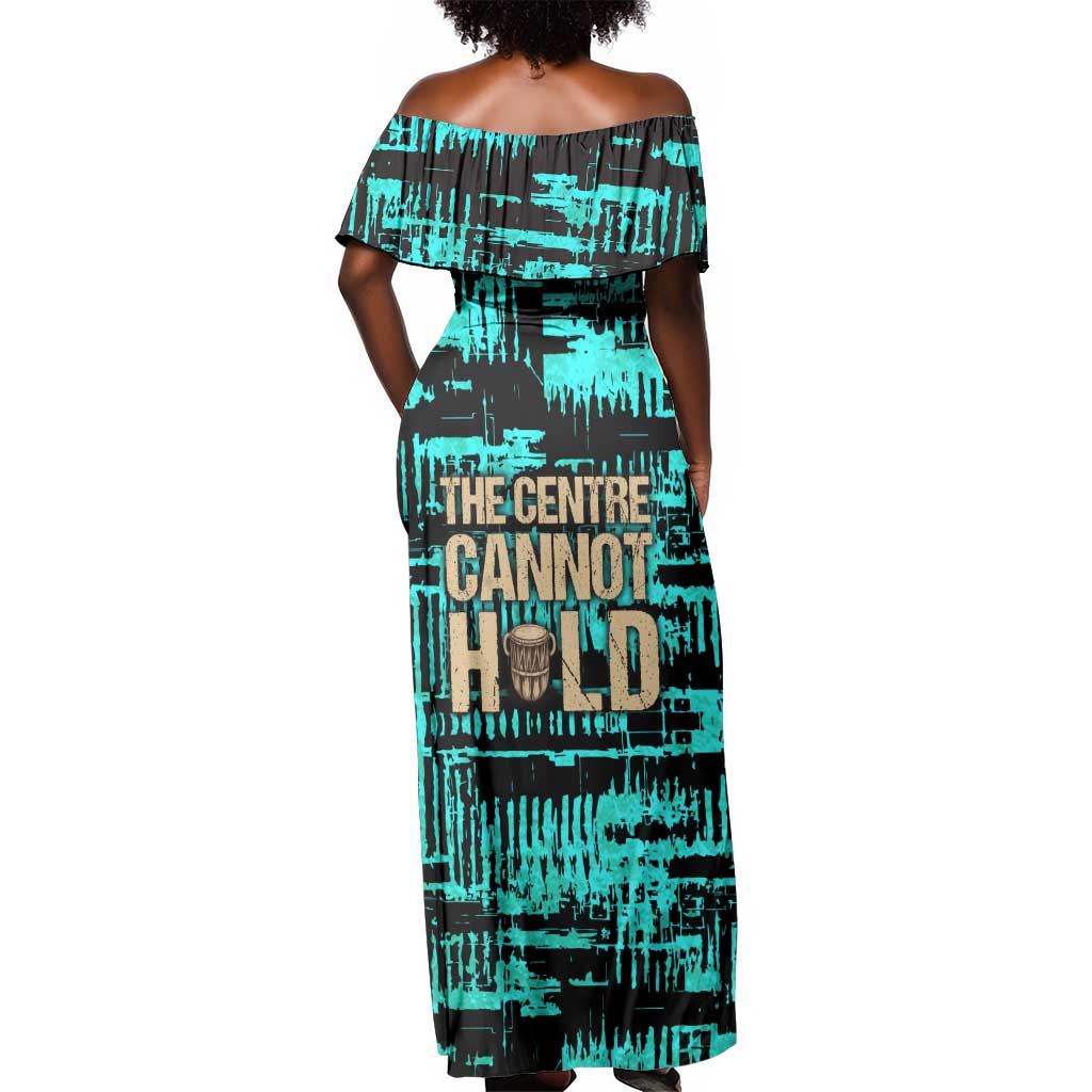 Chinua Achebe Off Shoulder Maxi Dress with Tribal Mask Design, Things Fall Apart Quote and Teal Abstract - Wonder Print Shop