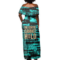 Chinua Achebe Off Shoulder Maxi Dress with Tribal Mask Design, Things Fall Apart Quote and Teal Abstract - Wonder Print Shop