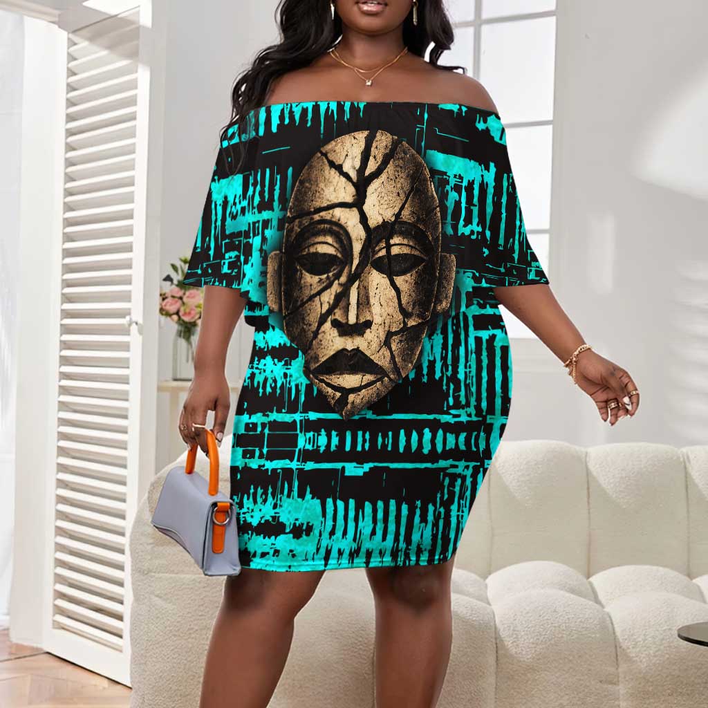 Chinua Achebe Off Shoulder Short Dress with Tribal Mask Design, Things Fall Apart Quote and Teal Abstract - Wonder Print Shop