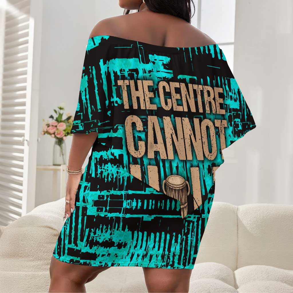 Chinua Achebe Off Shoulder Short Dress with Tribal Mask Design, Things Fall Apart Quote and Teal Abstract - Wonder Print Shop