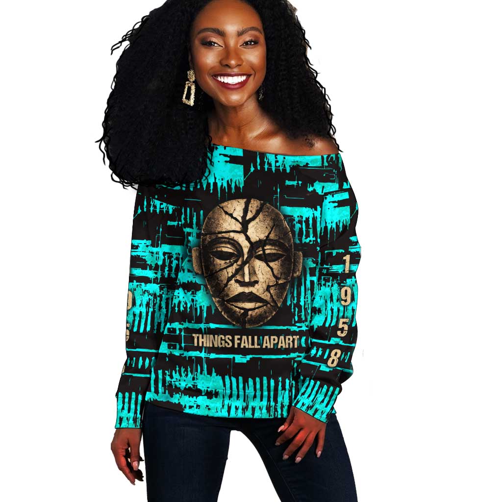 Chinua Achebe Off Shoulder Sweater with Tribal Mask Design, Things Fall Apart Quote and Teal Abstract - Wonder Print Shop