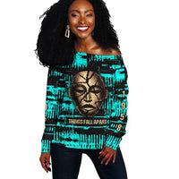 Chinua Achebe Off Shoulder Sweater with Tribal Mask Design, Things Fall Apart Quote and Teal Abstract - Wonder Print Shop