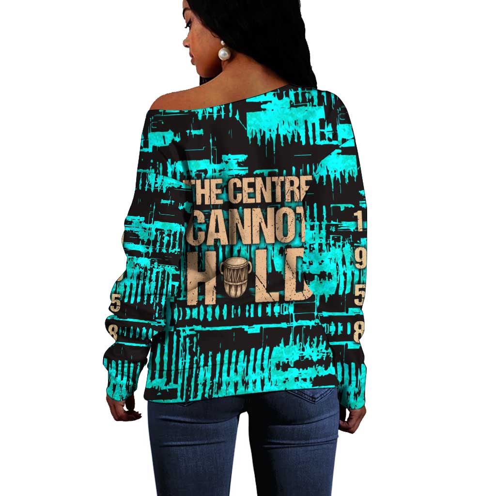 Chinua Achebe Off Shoulder Sweater with Tribal Mask Design, Things Fall Apart Quote and Teal Abstract - Wonder Print Shop