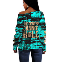 Chinua Achebe Off Shoulder Sweater with Tribal Mask Design, Things Fall Apart Quote and Teal Abstract - Wonder Print Shop