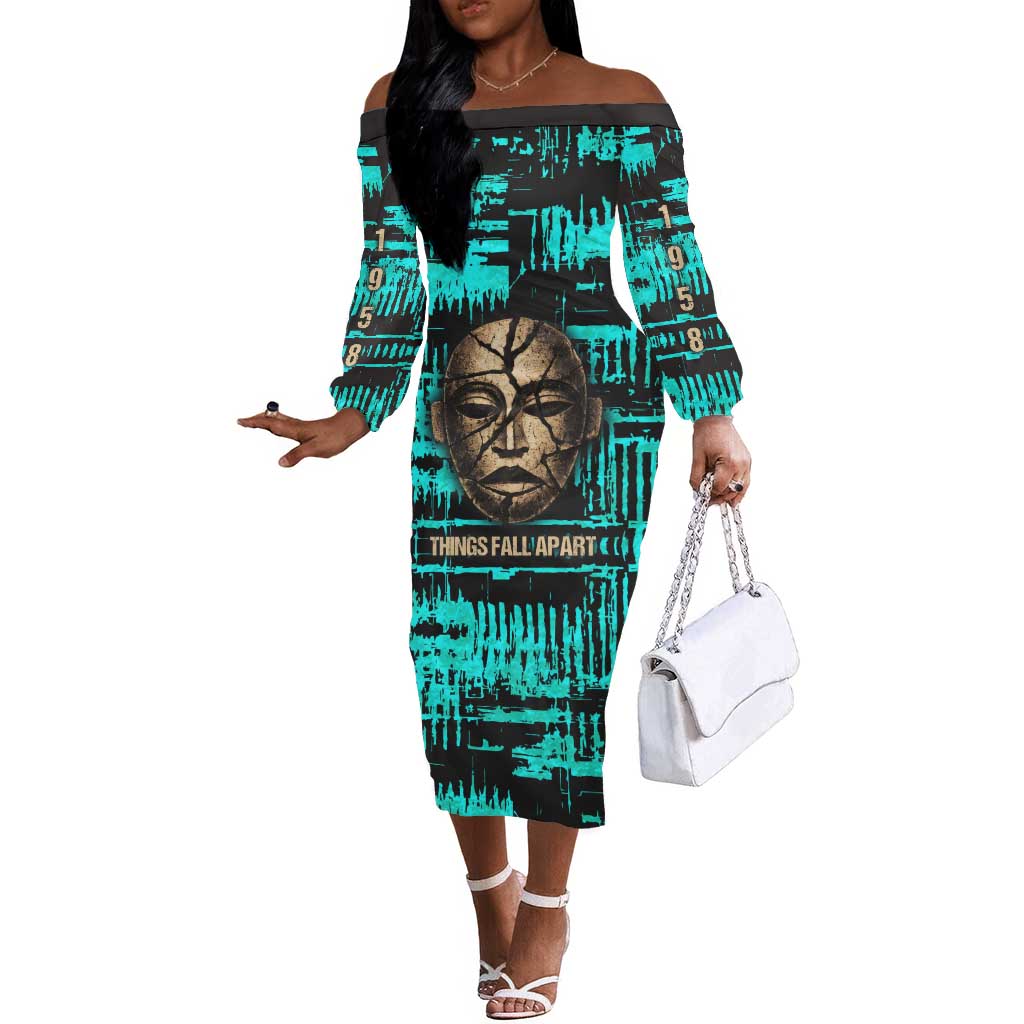 Chinua Achebe Off The Shoulder Long Sleeve Dress with Tribal Mask Design, Things Fall Apart Quote and Teal Abstract - Wonder Print Shop