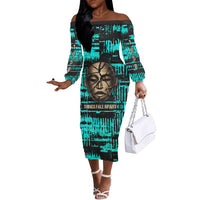 Chinua Achebe Off The Shoulder Long Sleeve Dress with Tribal Mask Design, Things Fall Apart Quote and Teal Abstract - Wonder Print Shop