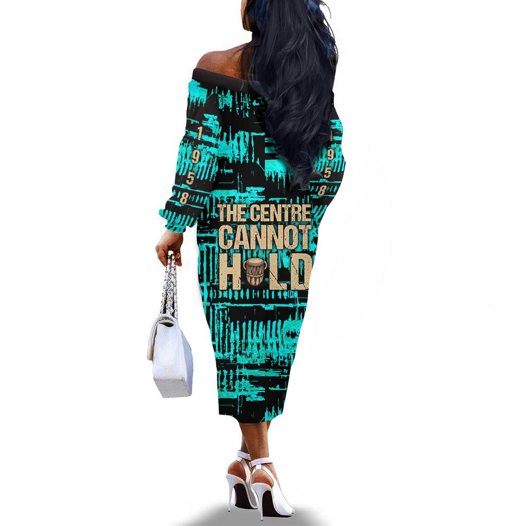 Chinua Achebe Off The Shoulder Long Sleeve Dress with Tribal Mask Design, Things Fall Apart Quote and Teal Abstract - Wonder Print Shop