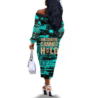 Chinua Achebe Off The Shoulder Long Sleeve Dress with Tribal Mask Design, Things Fall Apart Quote and Teal Abstract - Wonder Print Shop