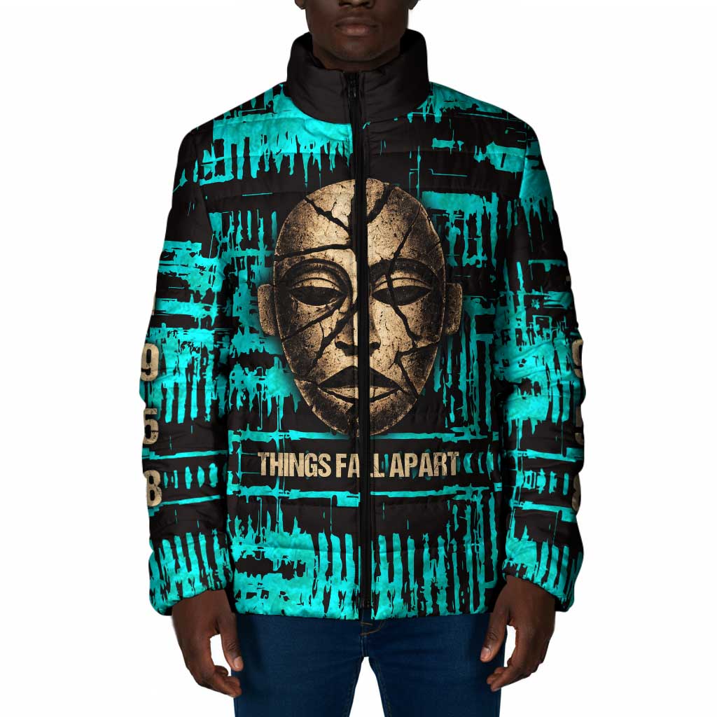 Chinua Achebe Padded Jacket with Tribal Mask Design, Things Fall Apart Quote and Teal Abstract - Wonder Print Shop