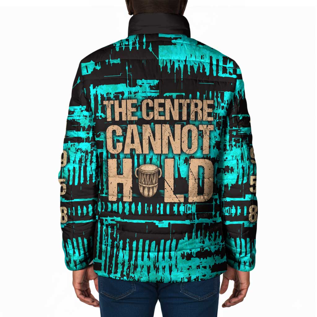 Chinua Achebe Padded Jacket with Tribal Mask Design, Things Fall Apart Quote and Teal Abstract - Wonder Print Shop
