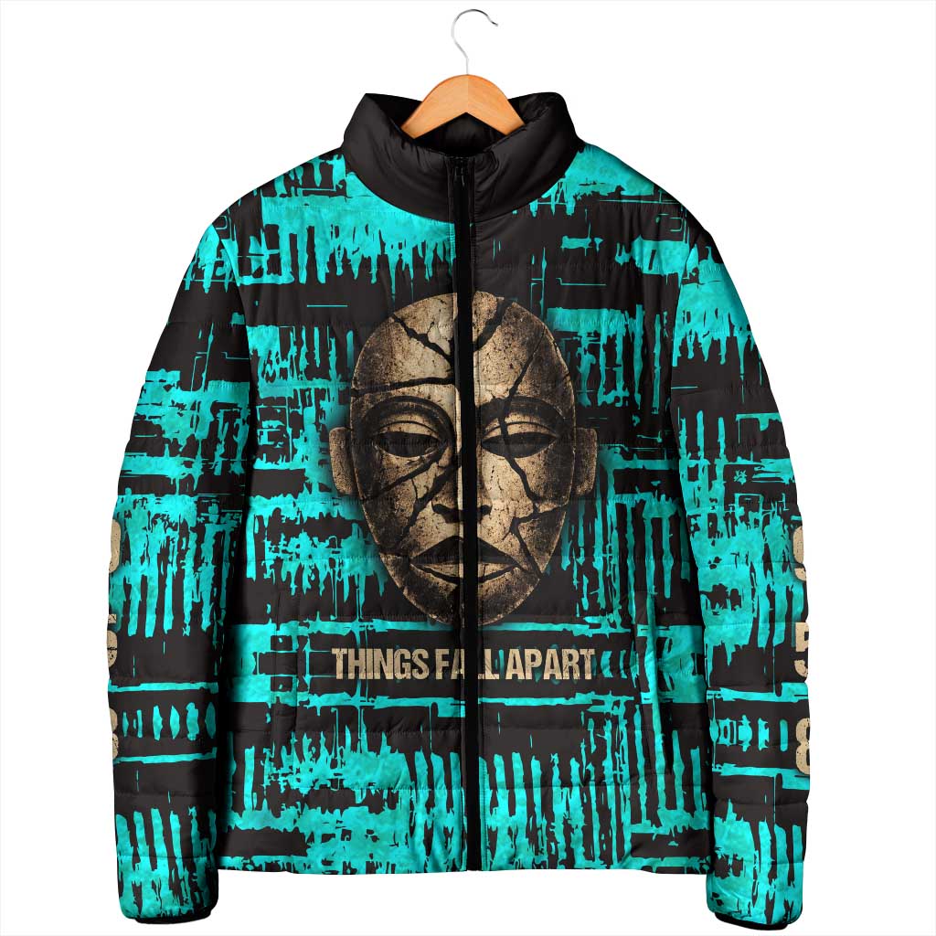 Chinua Achebe Padded Jacket with Tribal Mask Design, Things Fall Apart Quote and Teal Abstract - Wonder Print Shop