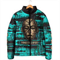 Chinua Achebe Padded Jacket with Tribal Mask Design, Things Fall Apart Quote and Teal Abstract - Wonder Print Shop