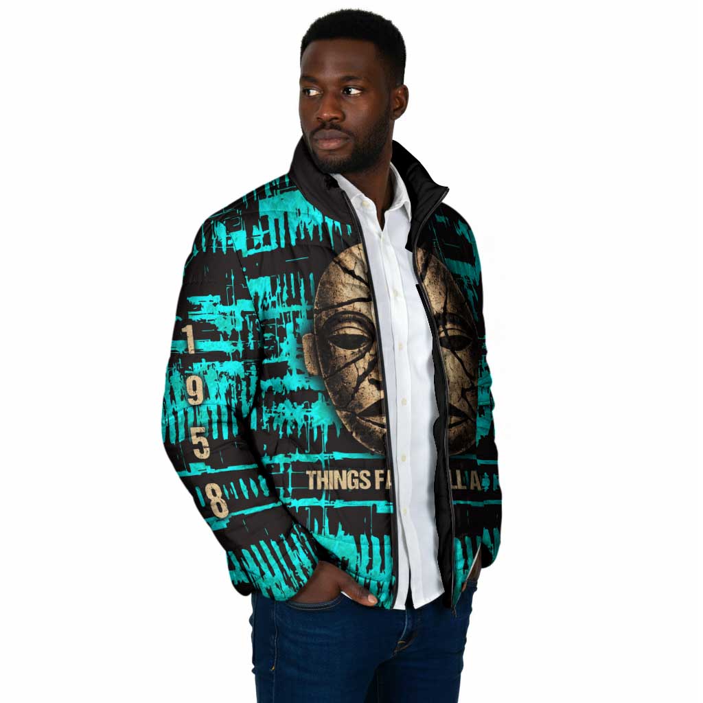 Chinua Achebe Padded Jacket with Tribal Mask Design, Things Fall Apart Quote and Teal Abstract - Wonder Print Shop