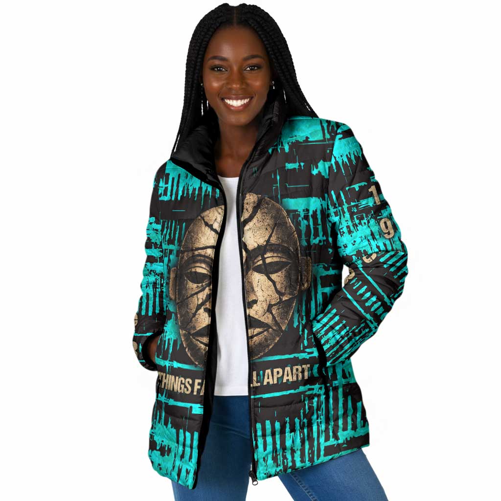 Chinua Achebe Padded Jacket with Tribal Mask Design, Things Fall Apart Quote and Teal Abstract - Wonder Print Shop