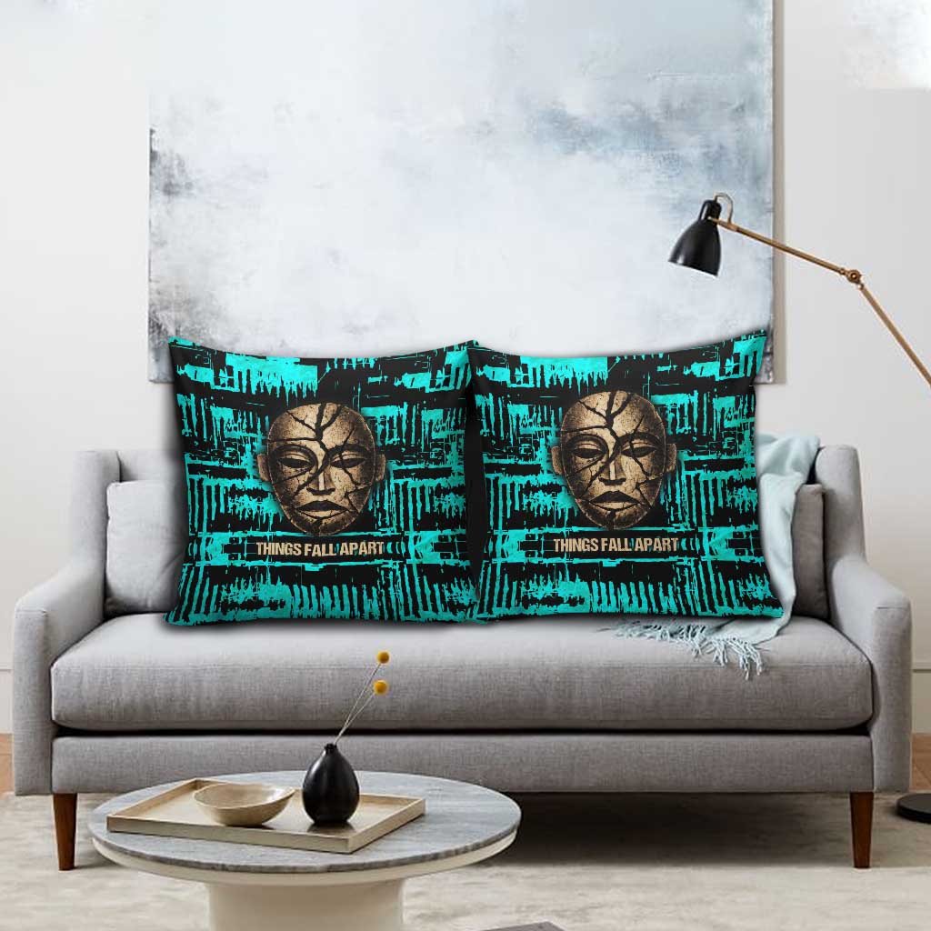 Chinua Achebe Pillow Cover with Tribal Mask Design, Things Fall Apart Quote and Teal Abstract - Wonder Print Shop