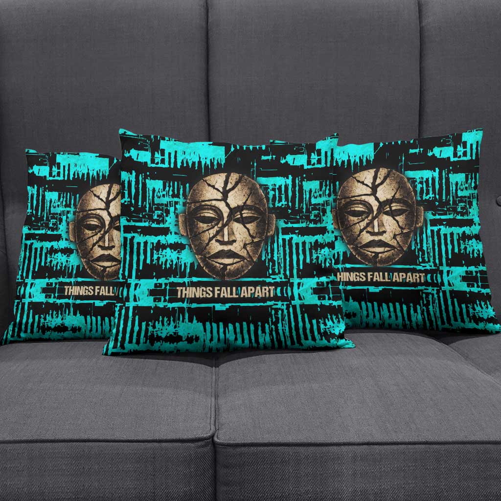 Chinua Achebe Pillow Cover with Tribal Mask Design, Things Fall Apart Quote and Teal Abstract - Wonder Print Shop