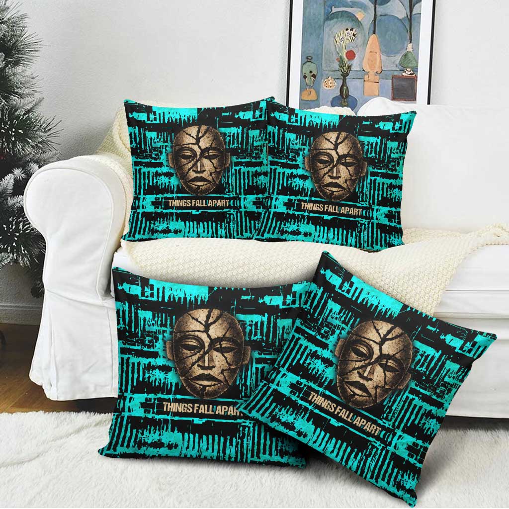 Chinua Achebe Pillow Cover with Tribal Mask Design, Things Fall Apart Quote and Teal Abstract - Wonder Print Shop
