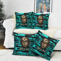 Chinua Achebe Pillow Cover with Tribal Mask Design, Things Fall Apart Quote and Teal Abstract - Wonder Print Shop