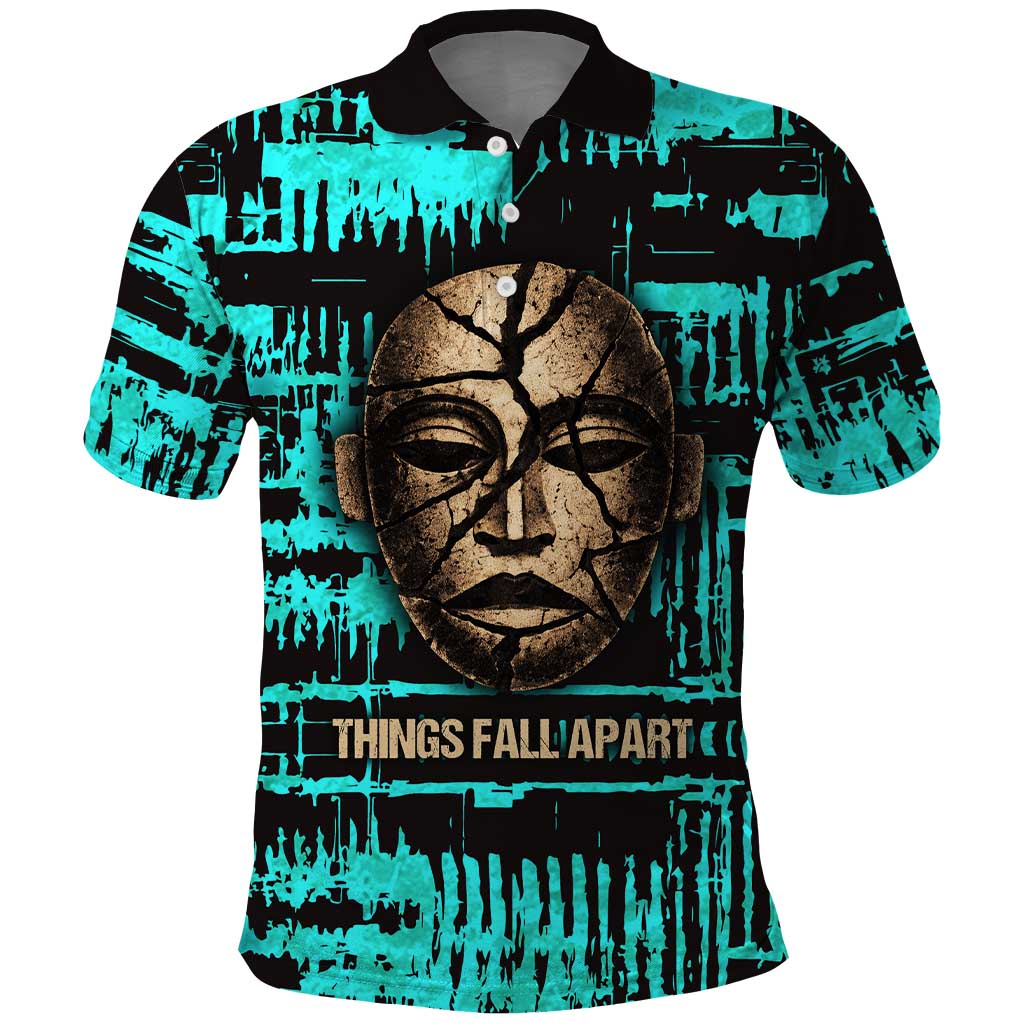 Chinua Achebe Polo Shirt with Tribal Mask Design, Things Fall Apart Quote and Teal Abstract - Wonder Print Shop