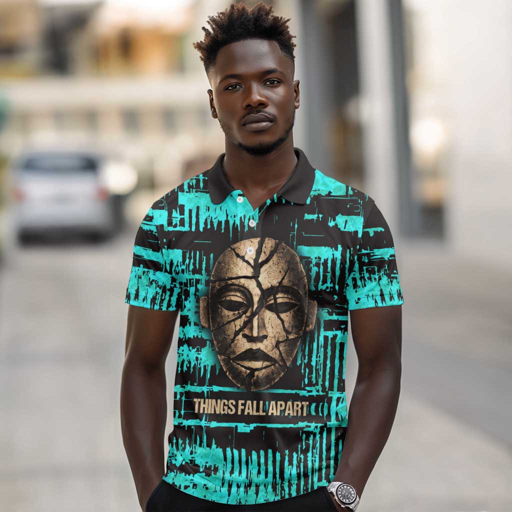 Chinua Achebe Polo Shirt with Tribal Mask Design, Things Fall Apart Quote and Teal Abstract - Wonder Print Shop