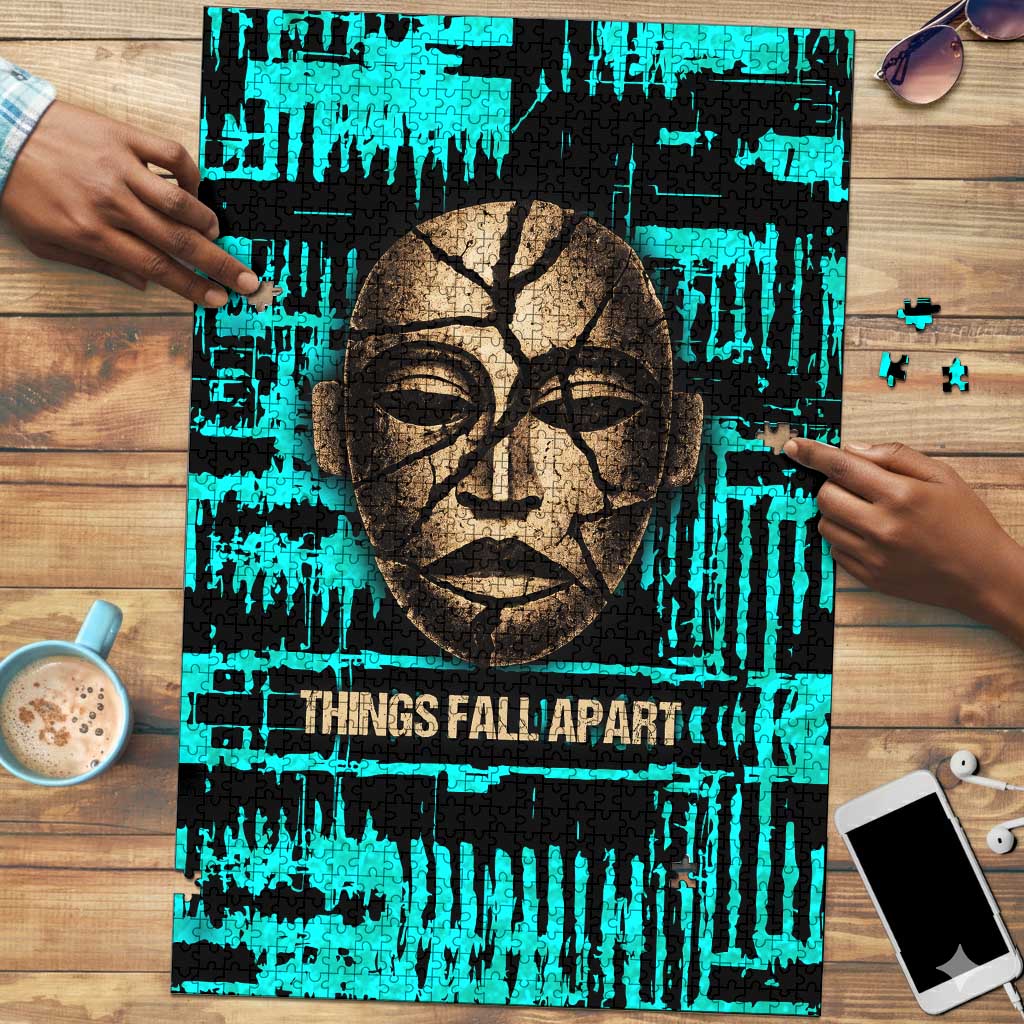 Chinua Achebe Puzzle with Tribal Mask Design, Things Fall Apart Quote and Teal Abstract - Wonder Print Shop