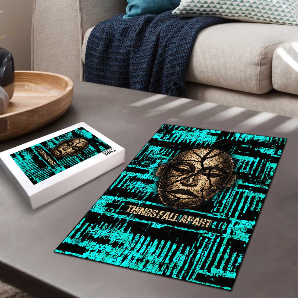 Chinua Achebe Puzzle with Tribal Mask Design, Things Fall Apart Quote and Teal Abstract - Wonder Print Shop