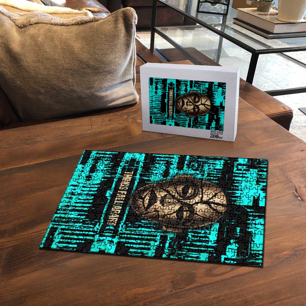 Chinua Achebe Puzzle with Tribal Mask Design, Things Fall Apart Quote and Teal Abstract - Wonder Print Shop