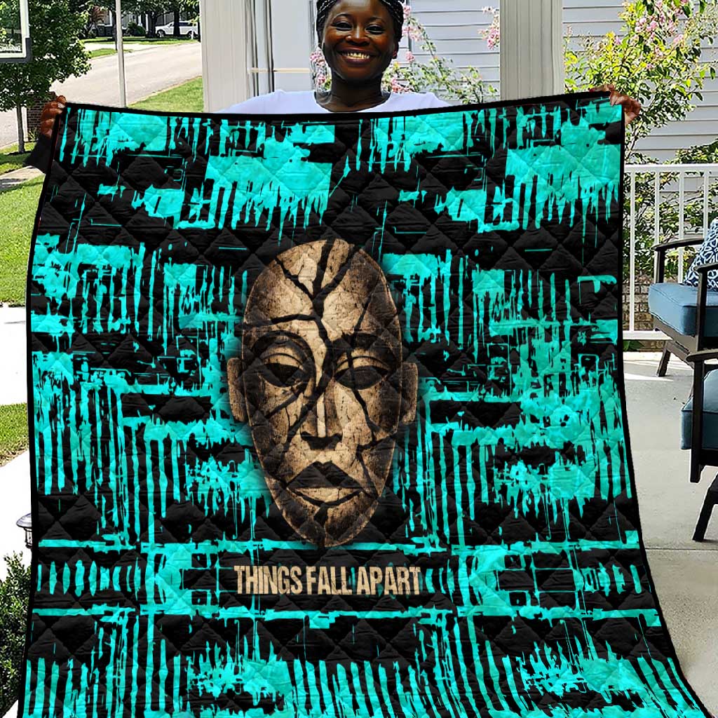Chinua Achebe Quilt with Tribal Mask Design, Things Fall Apart Quote and Teal Abstract - Wonder Print Shop