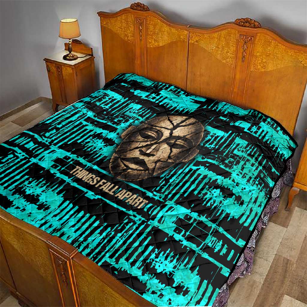 Chinua Achebe Quilt with Tribal Mask Design, Things Fall Apart Quote and Teal Abstract - Wonder Print Shop