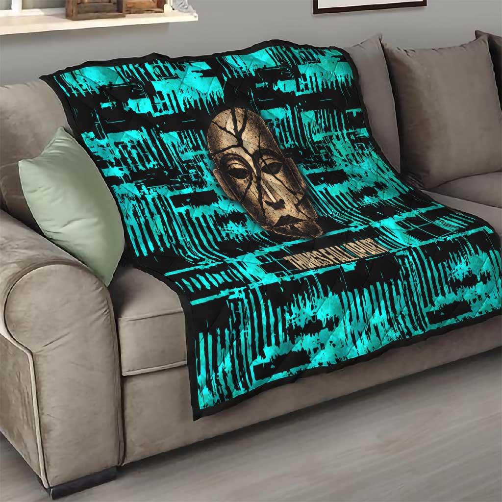 Chinua Achebe Quilt with Tribal Mask Design, Things Fall Apart Quote and Teal Abstract - Wonder Print Shop