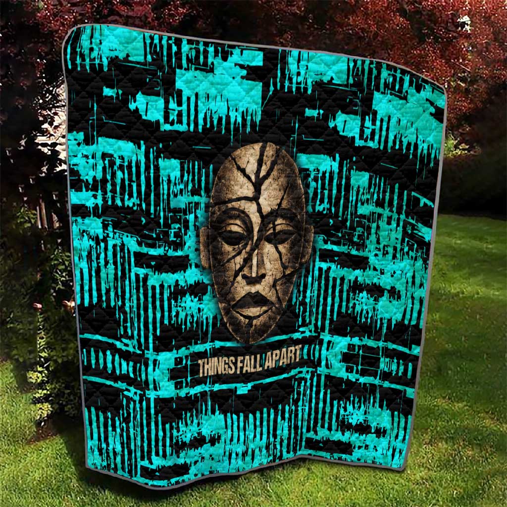 Chinua Achebe Quilt with Tribal Mask Design, Things Fall Apart Quote and Teal Abstract - Wonder Print Shop